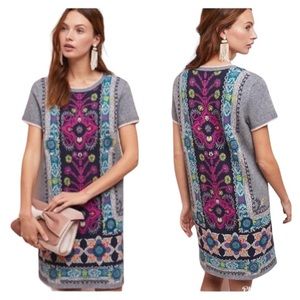 Embroidered Panel Grey Shift Dress with Pink Accent